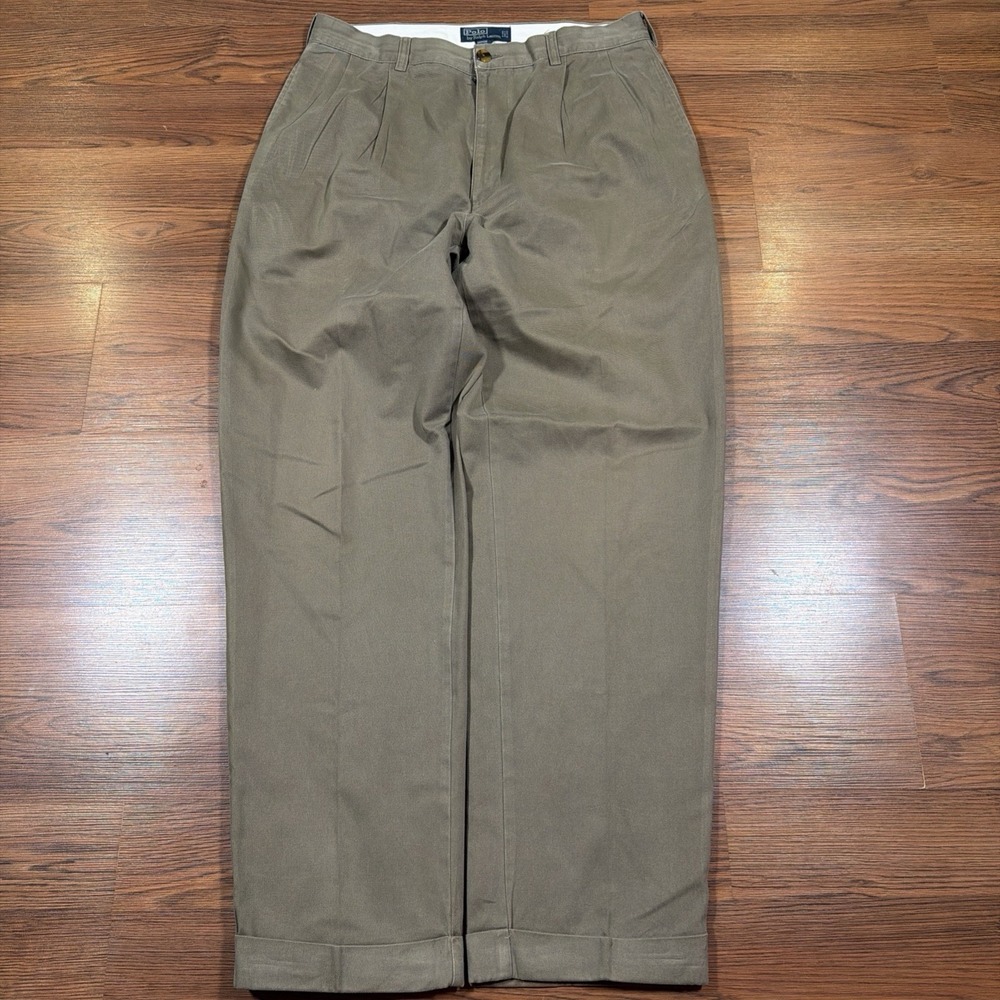 Vintage Polo Ralph Lauren Hammond Pants Mens 35x32 Olive Double Pleated Trousers
